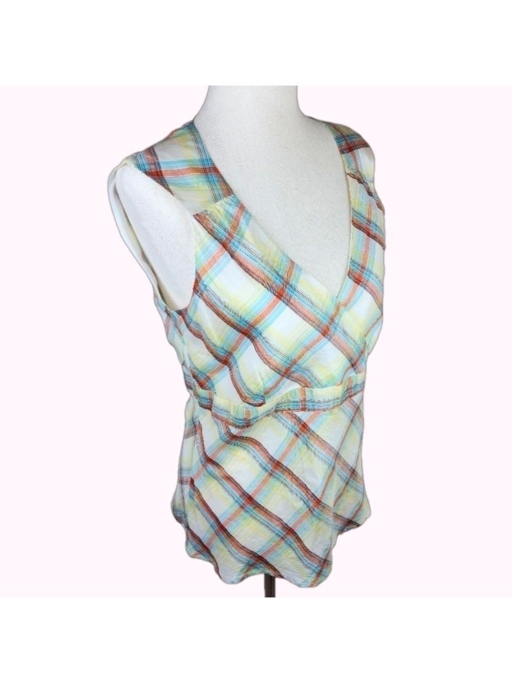 Y2K Vintage Plaid Empire Waist 100% Silk Sleeveless Blouse Medium